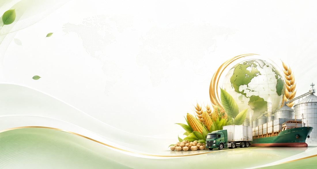 Globe with corn, leaves, a truck, and a cargo ship